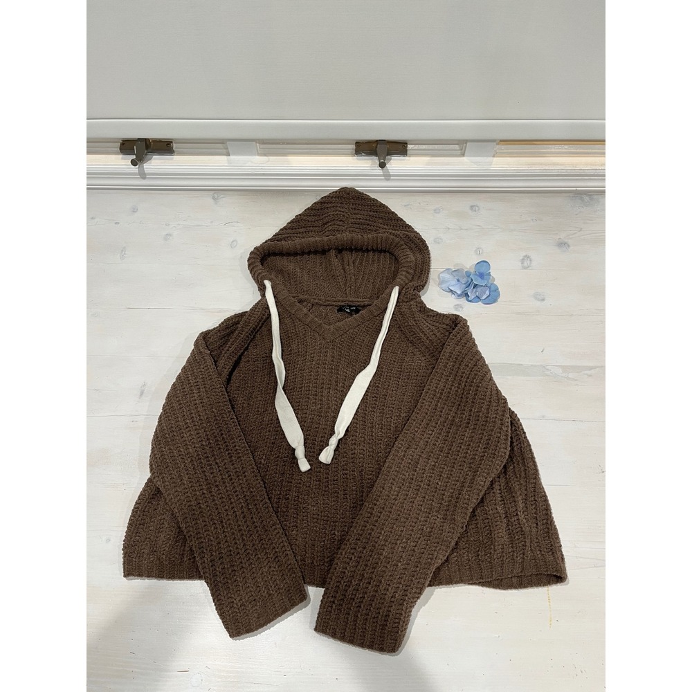 Love Tree Womens Hoodie Sweater‎ Brown Waffle Knit Cropped Drawstring Medium